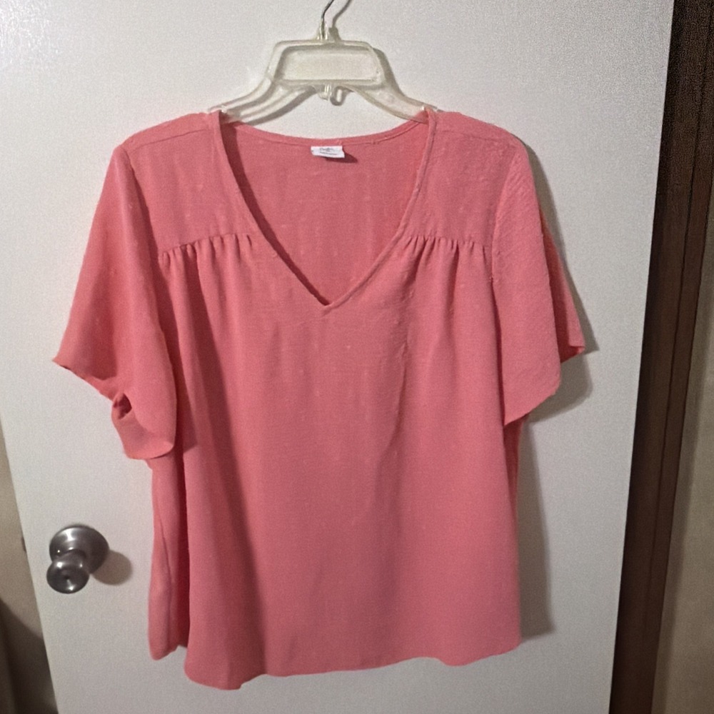Croft & Barrow Women's Pink Short Sleeve Textured V Neck Blouse Swiss Dot XL